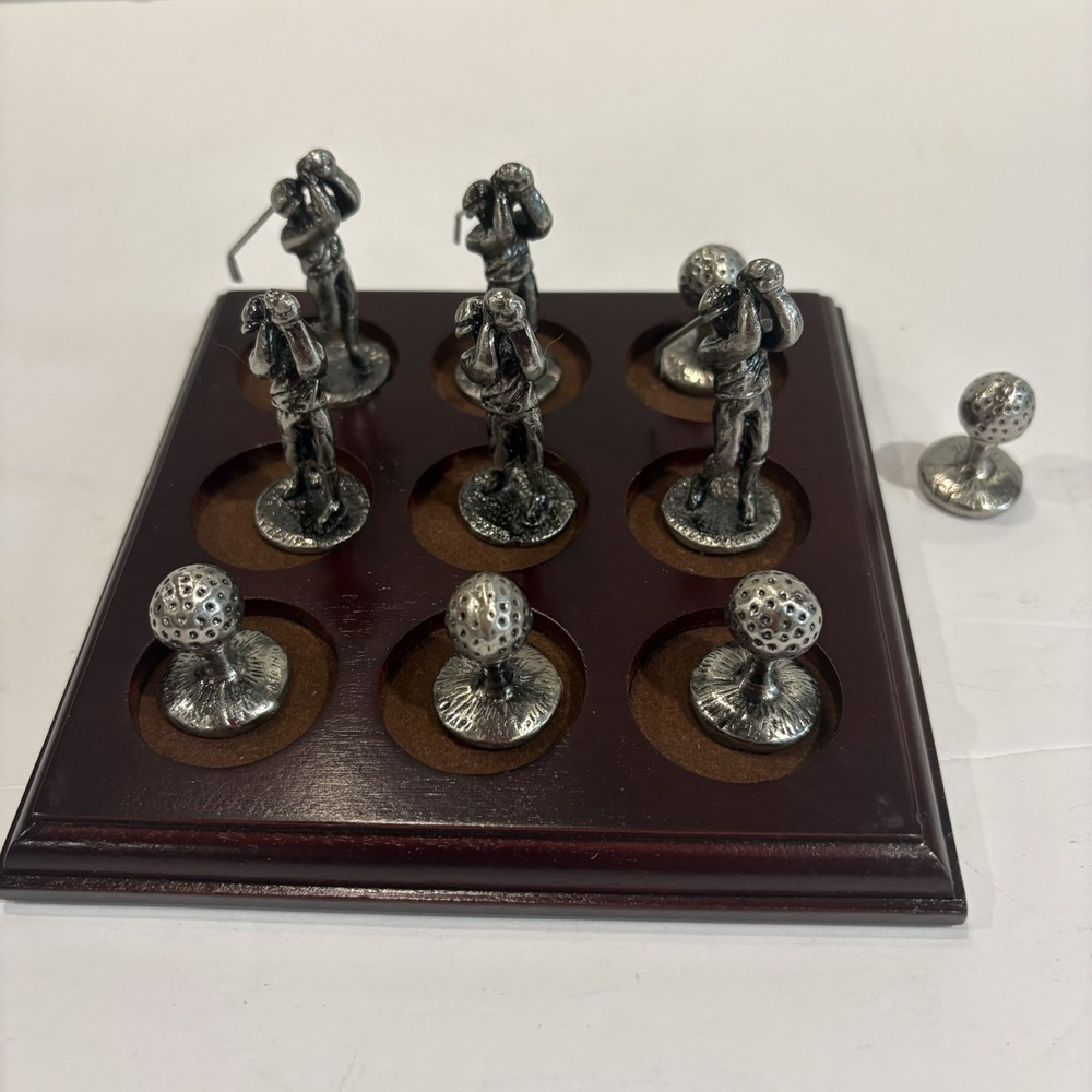 Golf Tic-Tac-Toe Pewter Figures Wood Board Game Excellent Condition